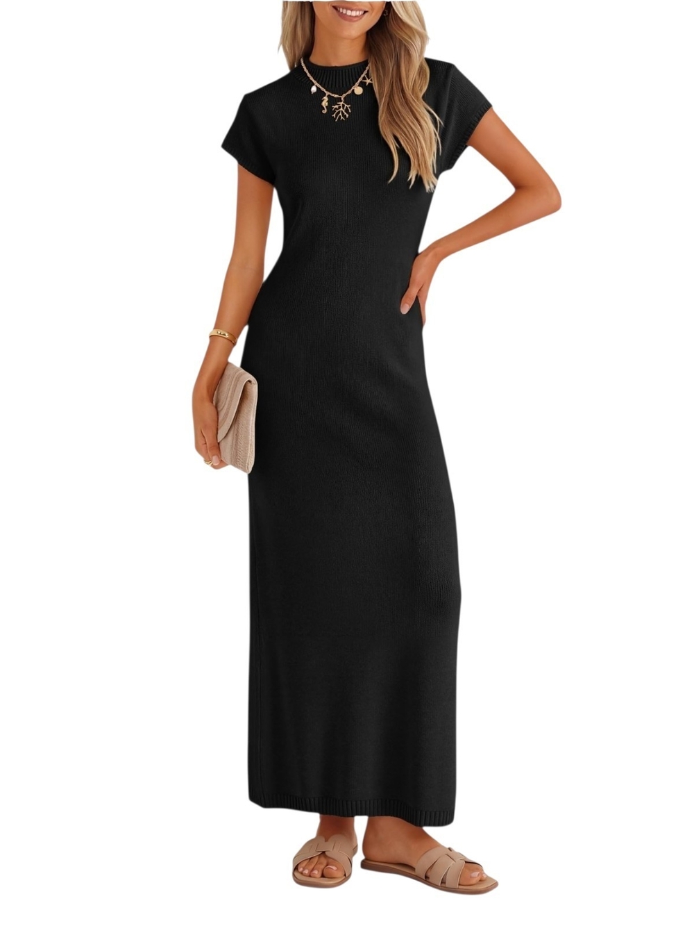 ZESICA - Medium Classic Black Short-Sleeve Maxi Dress - Elegant Everyday